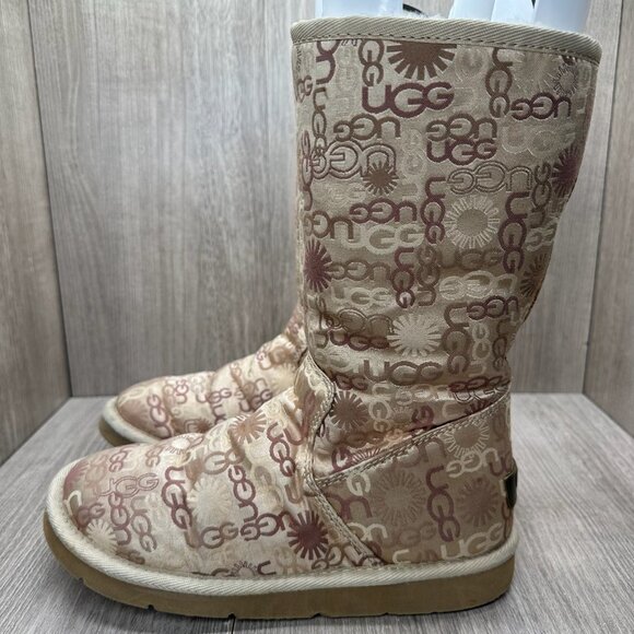 UGG 5515 Tall Winter Boots Womens 6 Lined Monogram Logo Zip Tan Beige - Picture 2 of 12